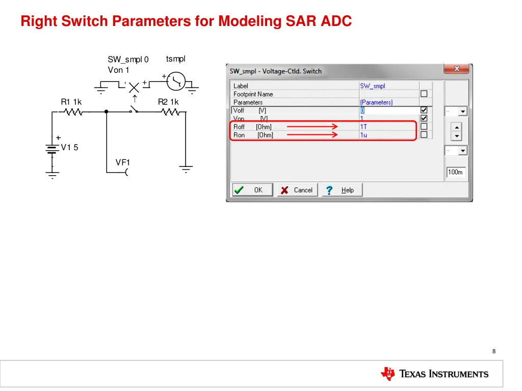 right switch parameters for modeling sar adc