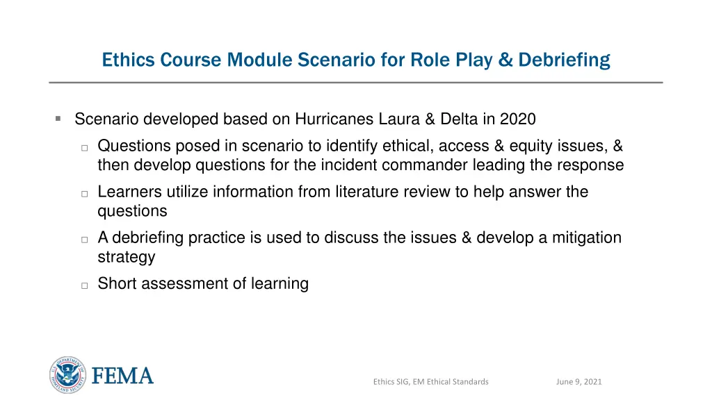 ethics course module scenario for role play