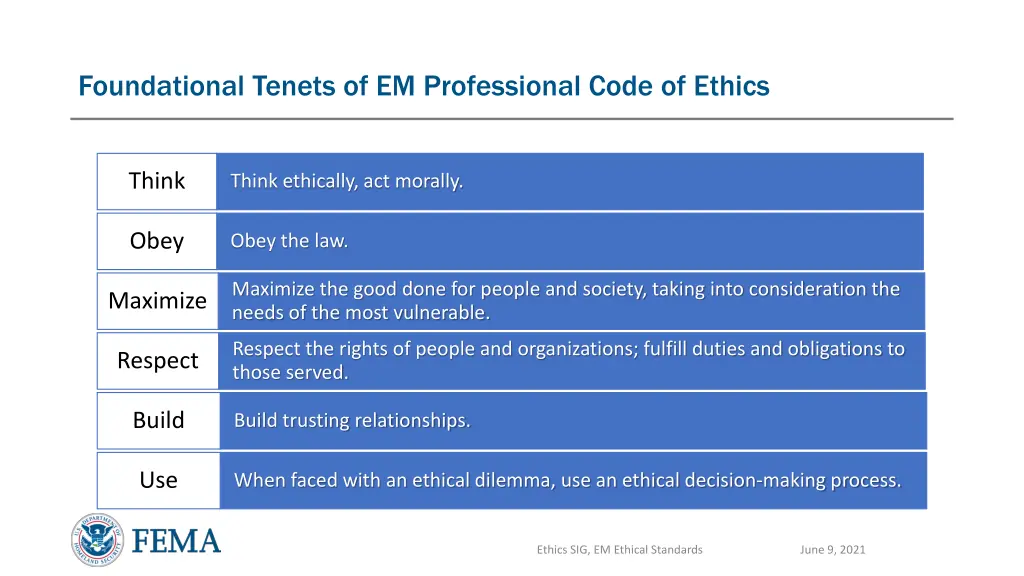 foundational tenets of em professional code