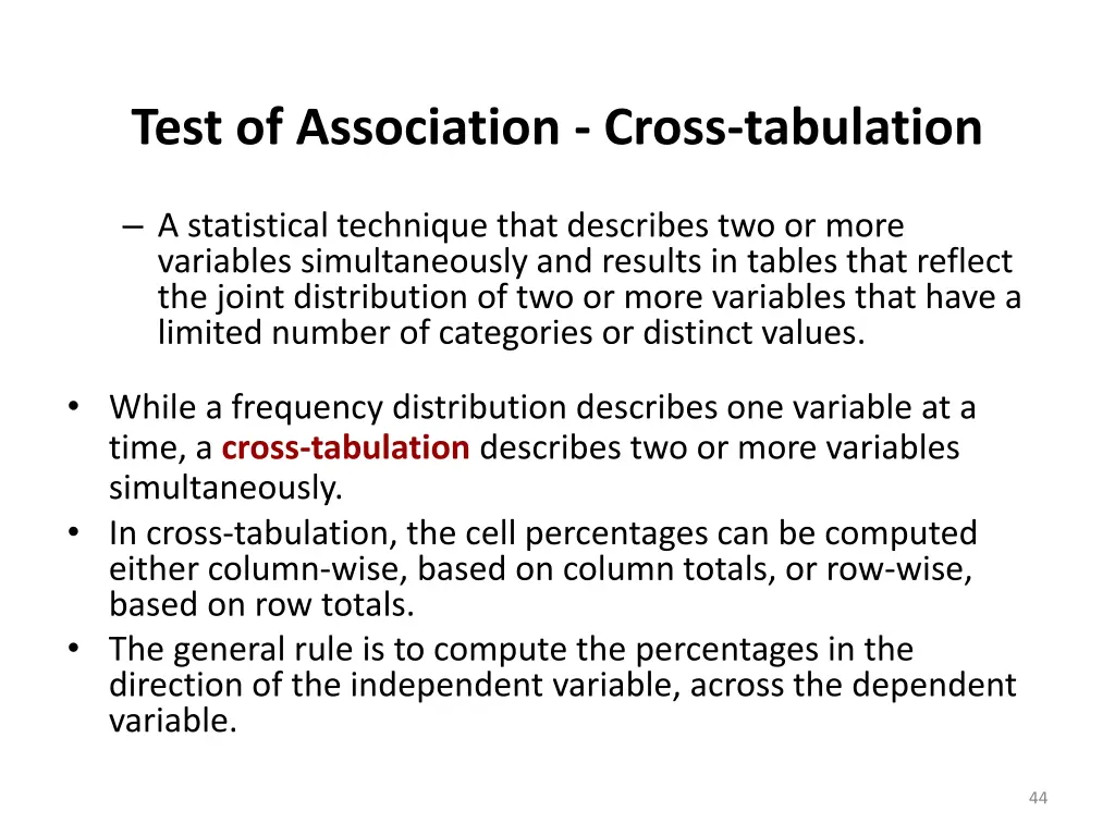 test of association cross tabulation