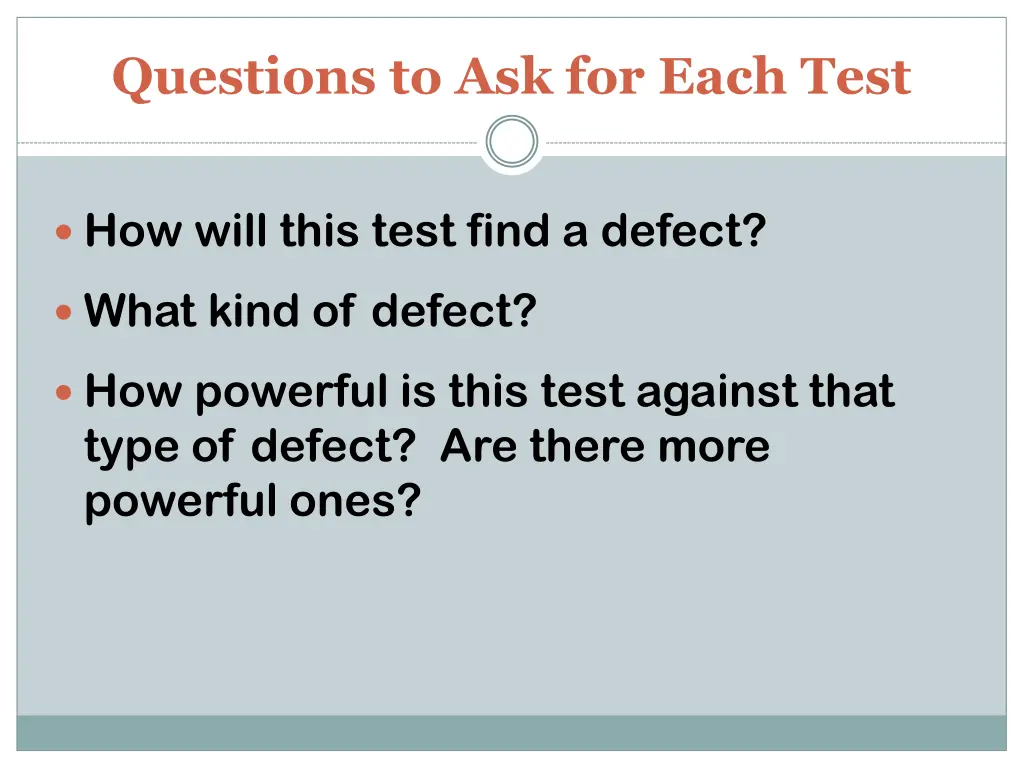 questions to ask for each test