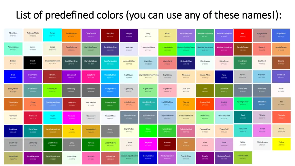 list of predefined colors