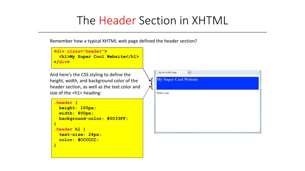 the header section in xhtml