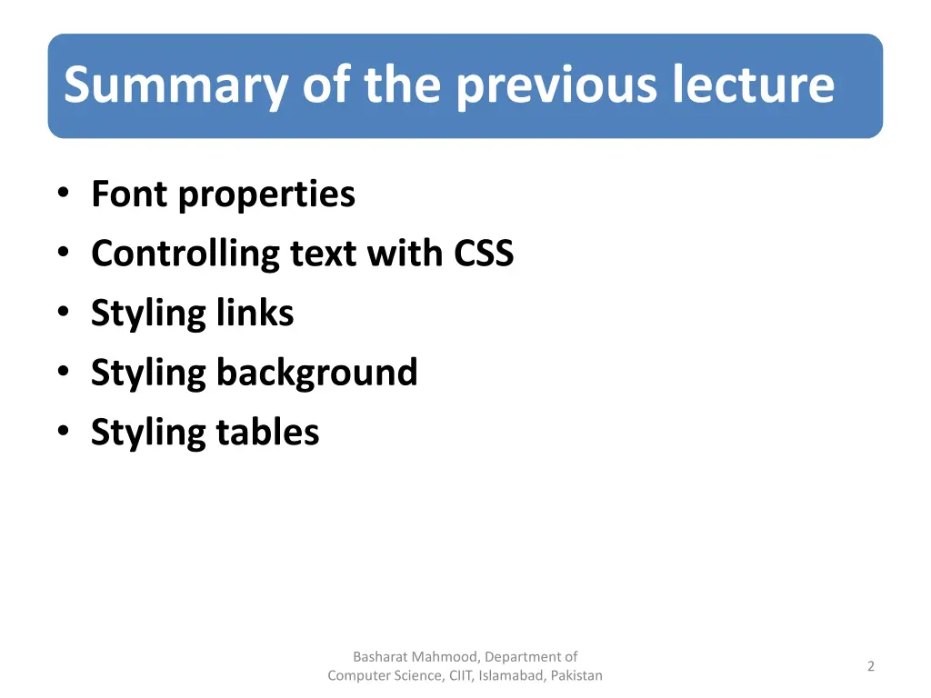 summary of the previous lecture