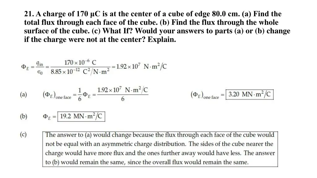 21 a charge of 170 c is at the center of a cube