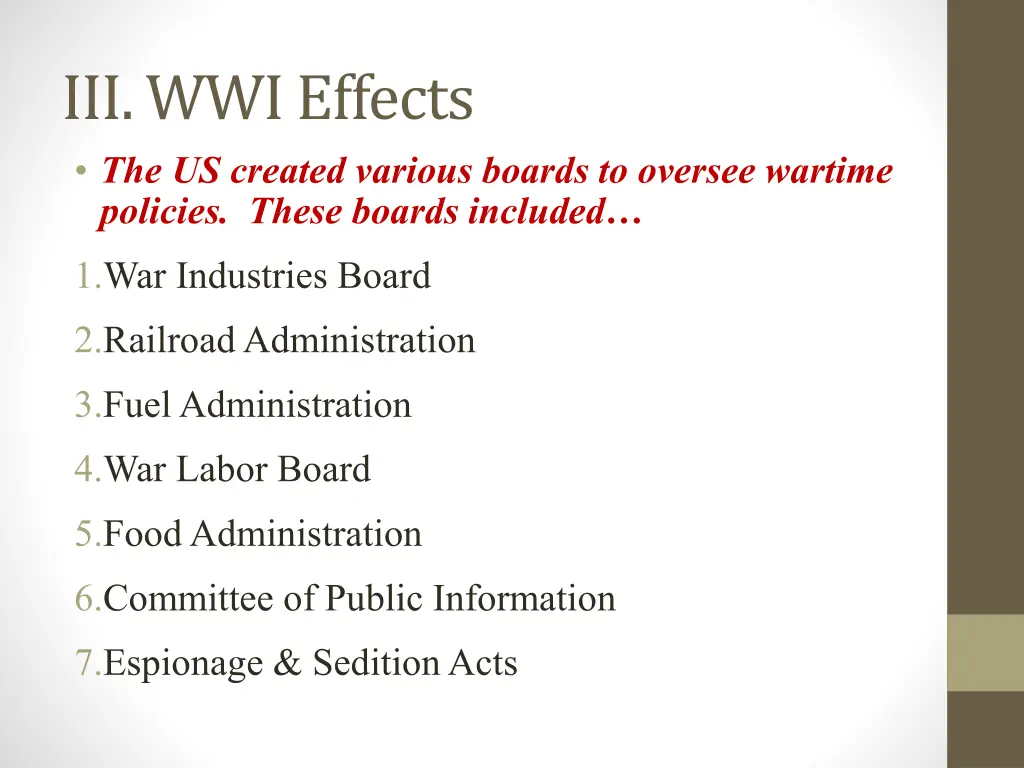 iii wwi effects the us created various boards