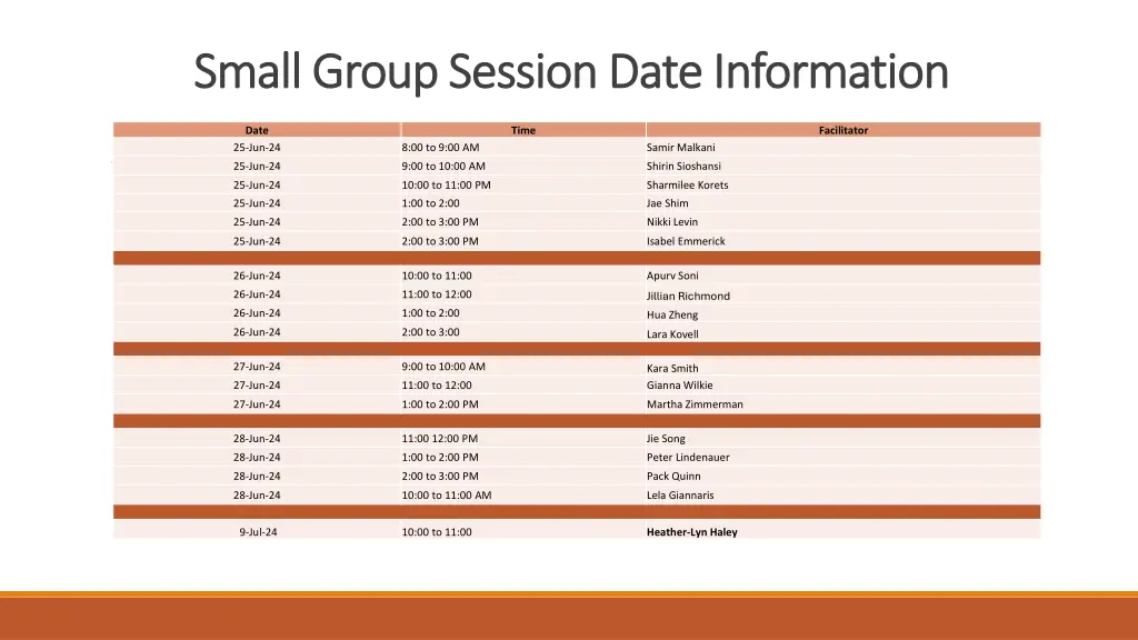 small group session date information small group