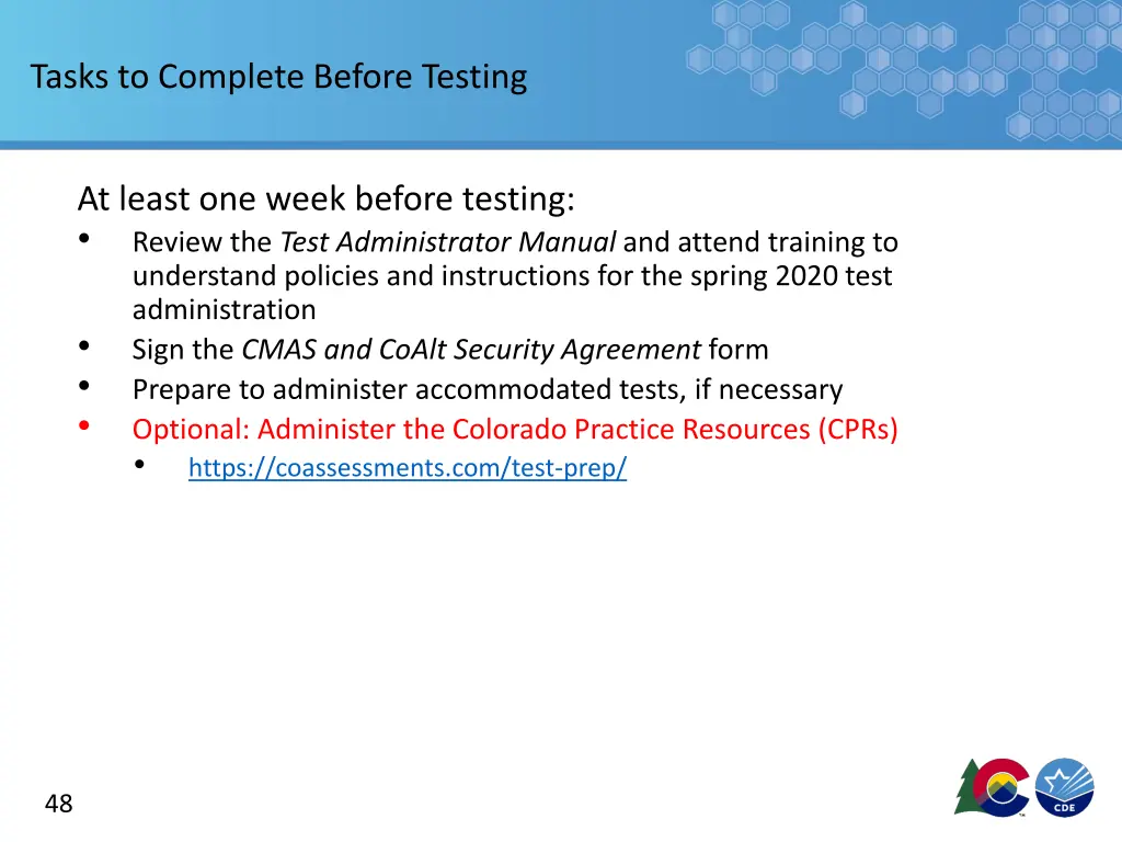 tasks to complete before testing