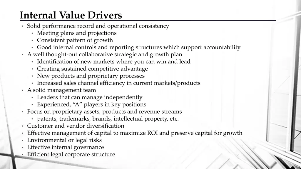 internal value drivers solid performance record