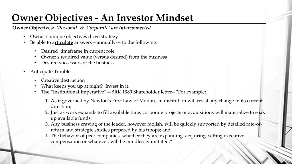 owner objectives an investor mindset owner