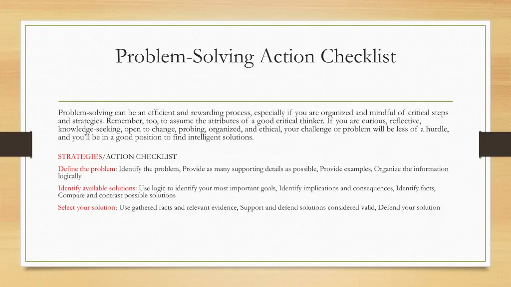 problem solving action checklist