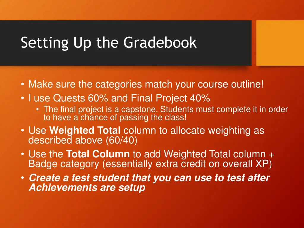 setting up the gradebook