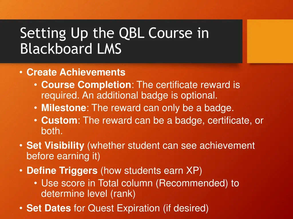 setting up the qbl course in blackboard lms