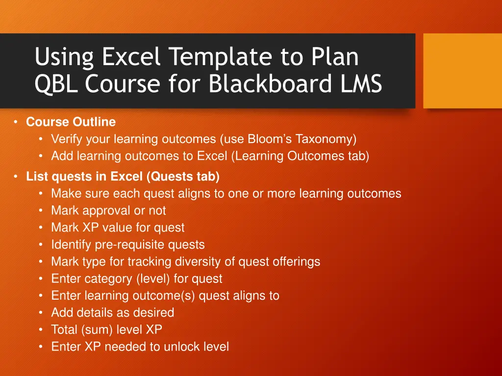 using excel template to plan qbl course