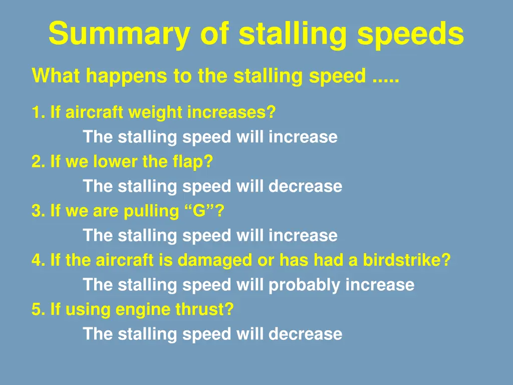 summary of stalling speeds