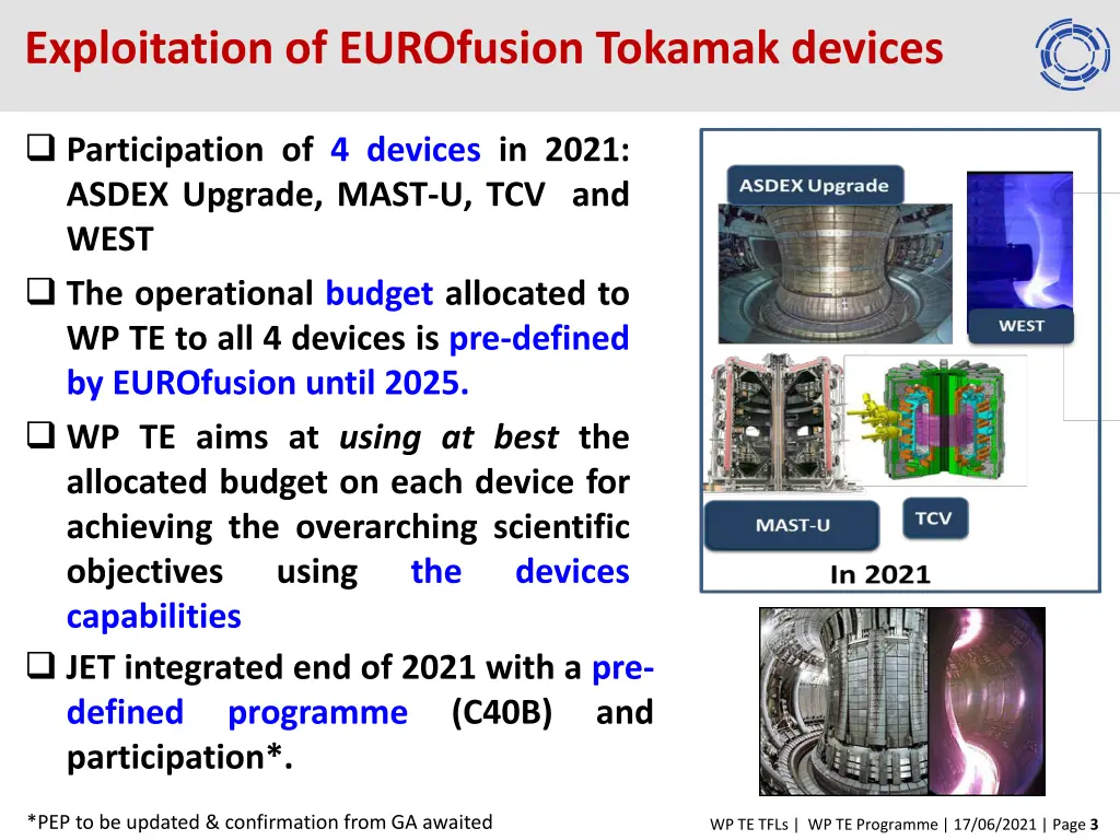 exploitation of eurofusion tokamak devices