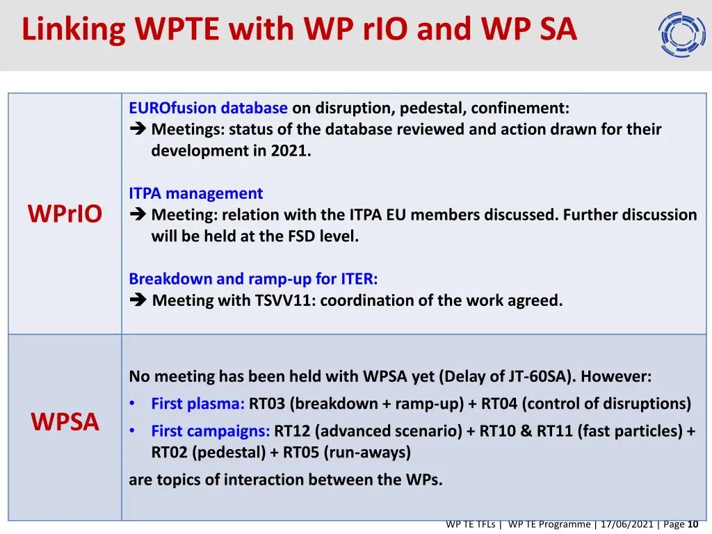 linking wpte with wp rio and wp sa