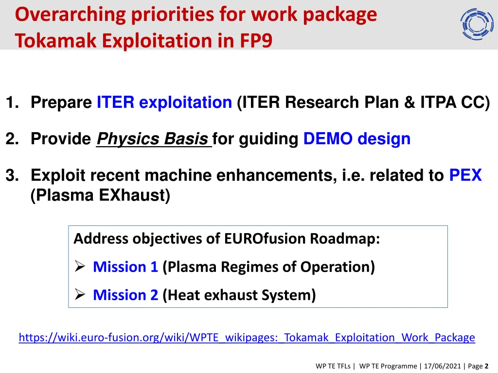 overarching priorities for work package tokamak