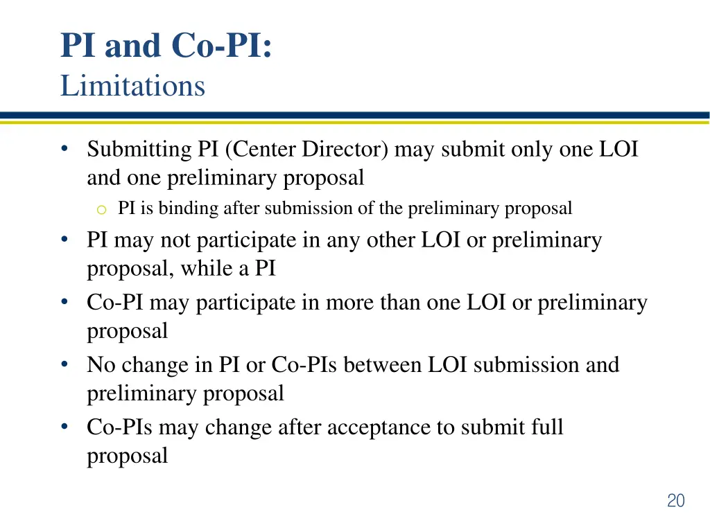 pi and co pi limitations