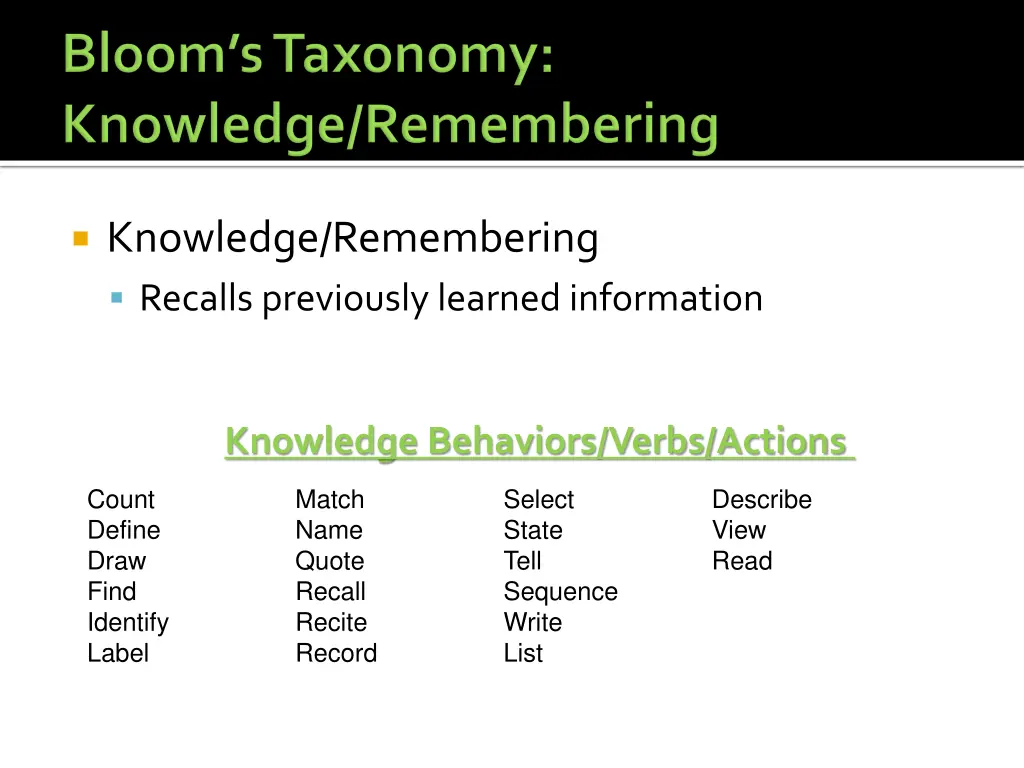 knowledge remembering recalls previously learned