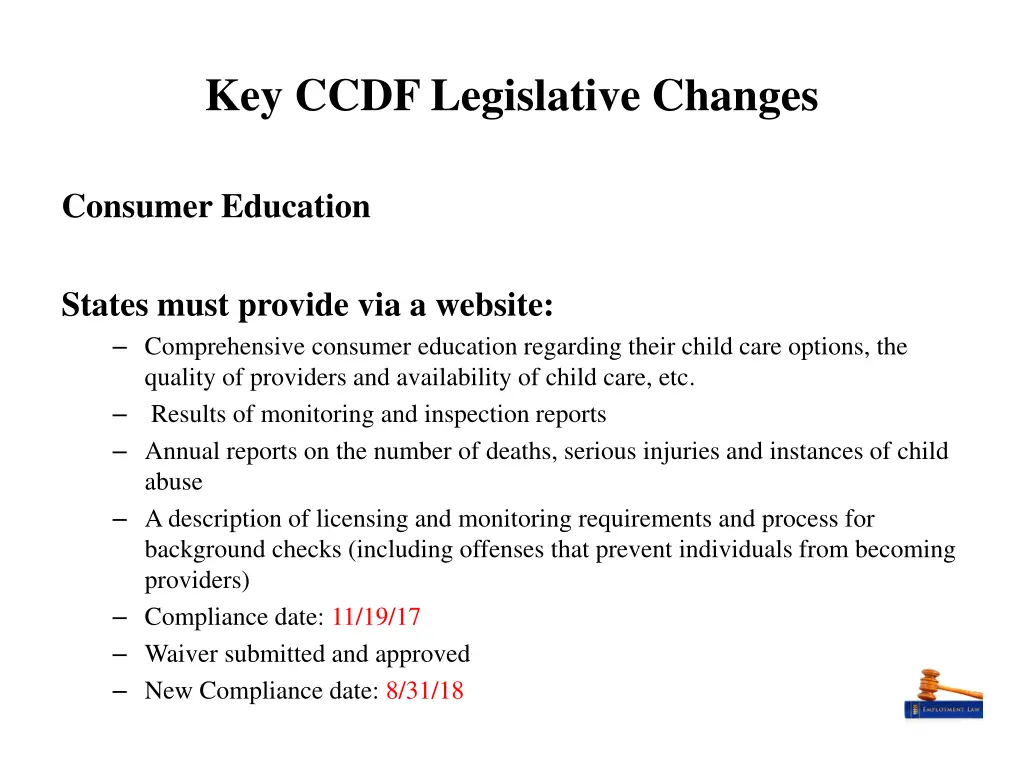 key ccdf legislative changes