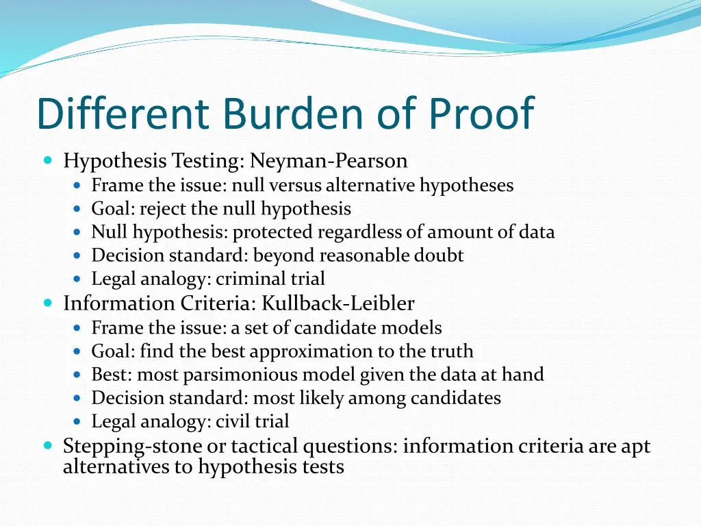 different burden of proof hypothesis testing