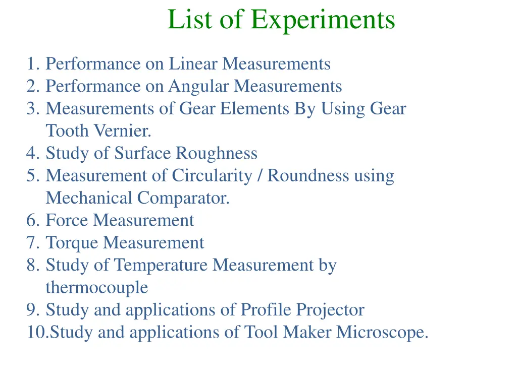 list of experiments