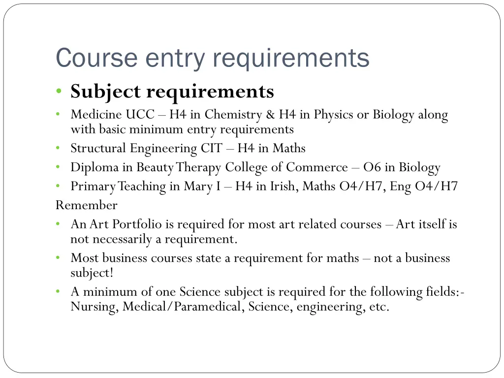 course entry requirements subject requirements