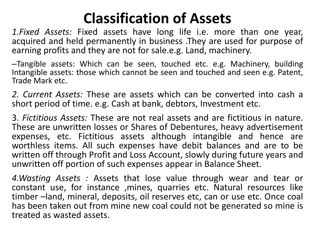 classification of assets 1 fixed assets fixed