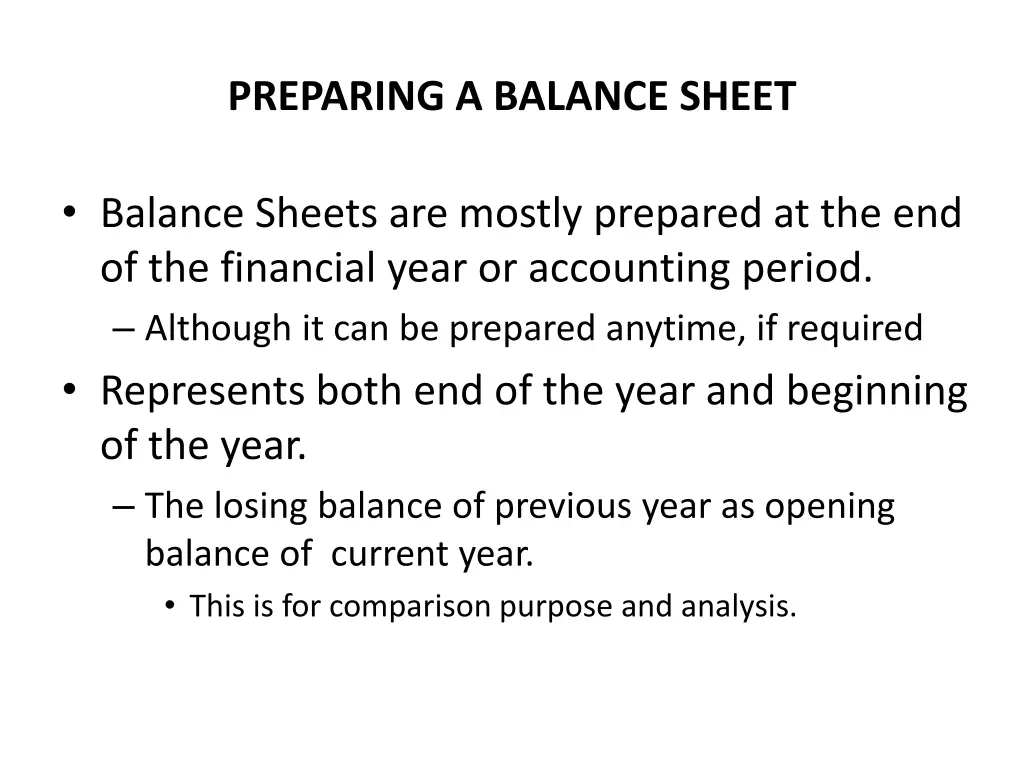 preparing a balance sheet