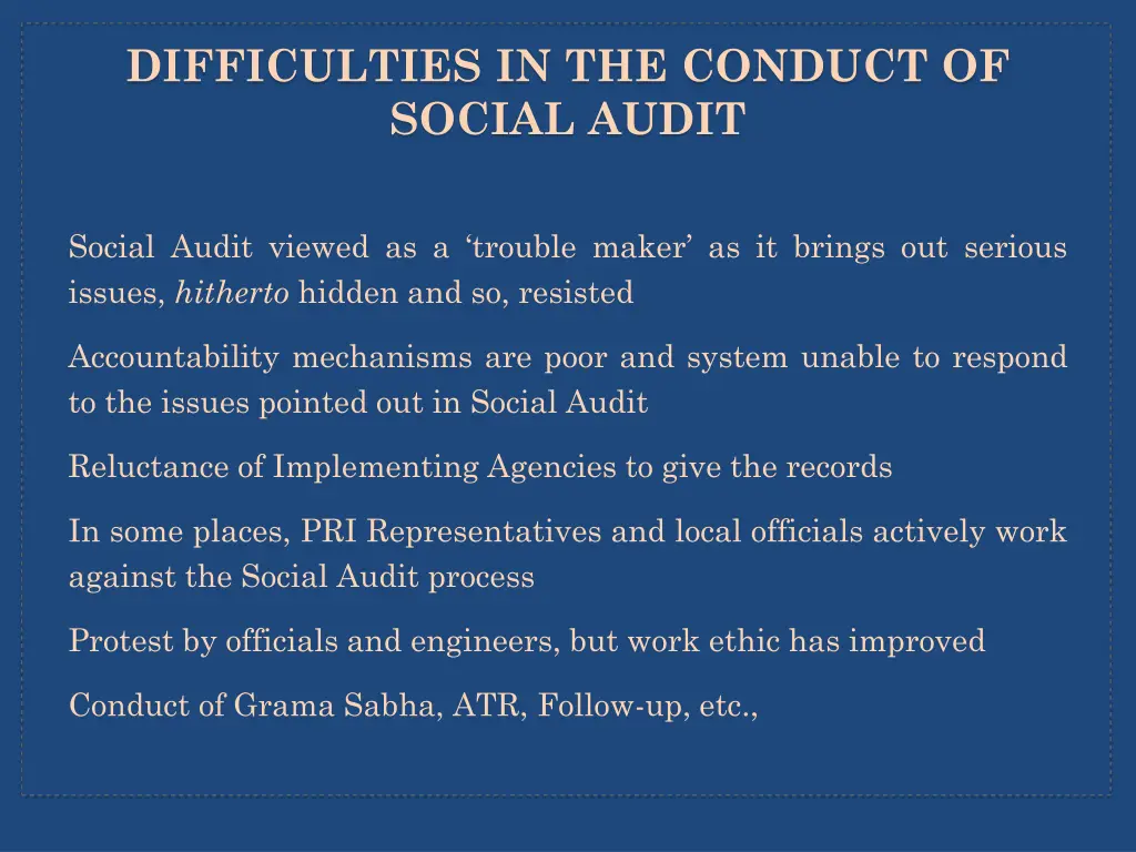 difficulties in the conduct of social audit