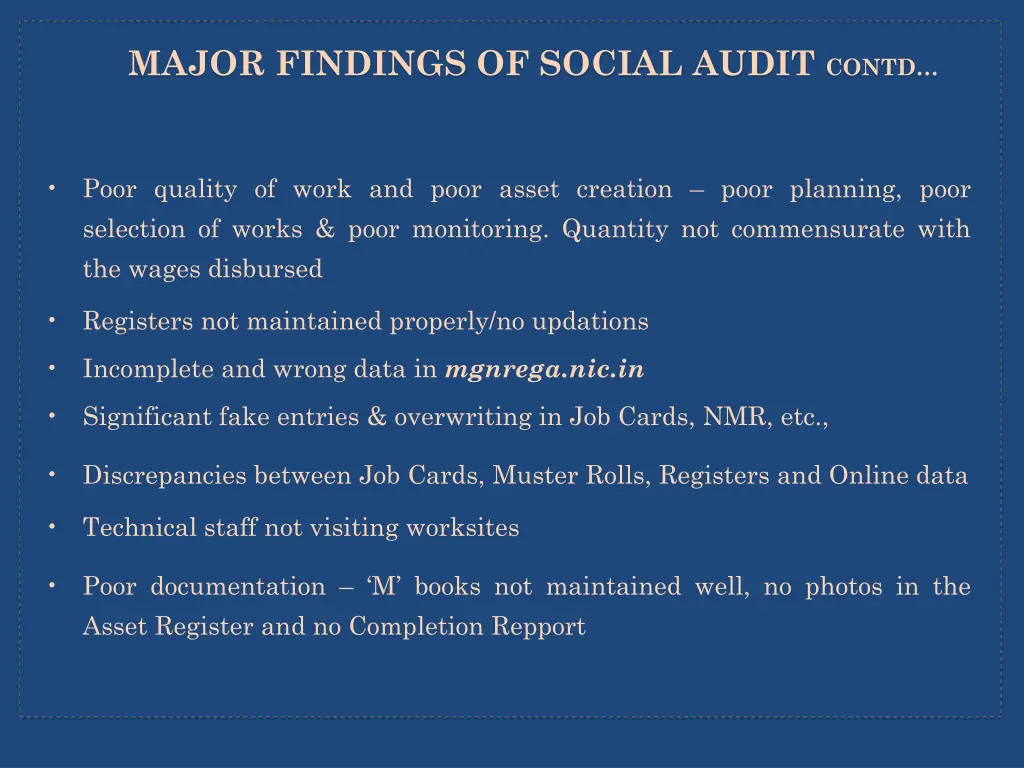 major findings of social audit contd