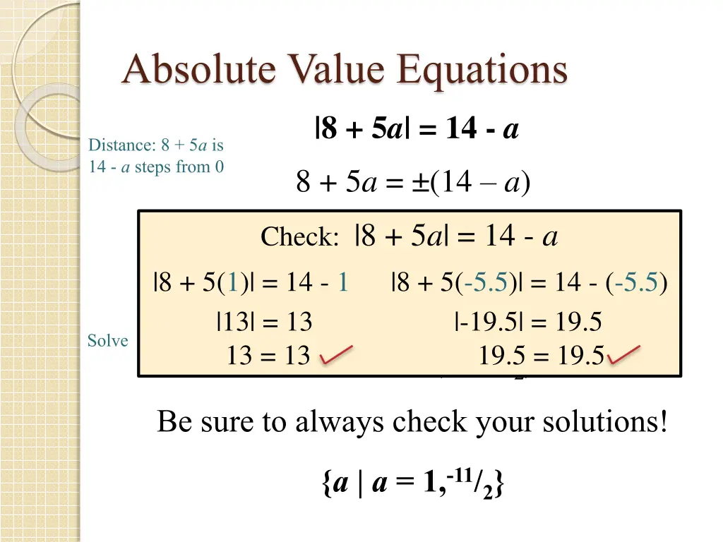 absolute value equations 8 5 a 14 a distance