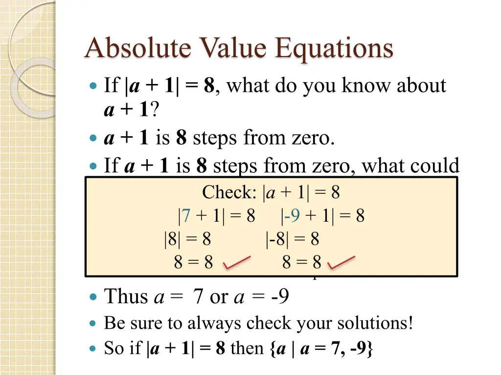 absolute value equations if a 1 8 what