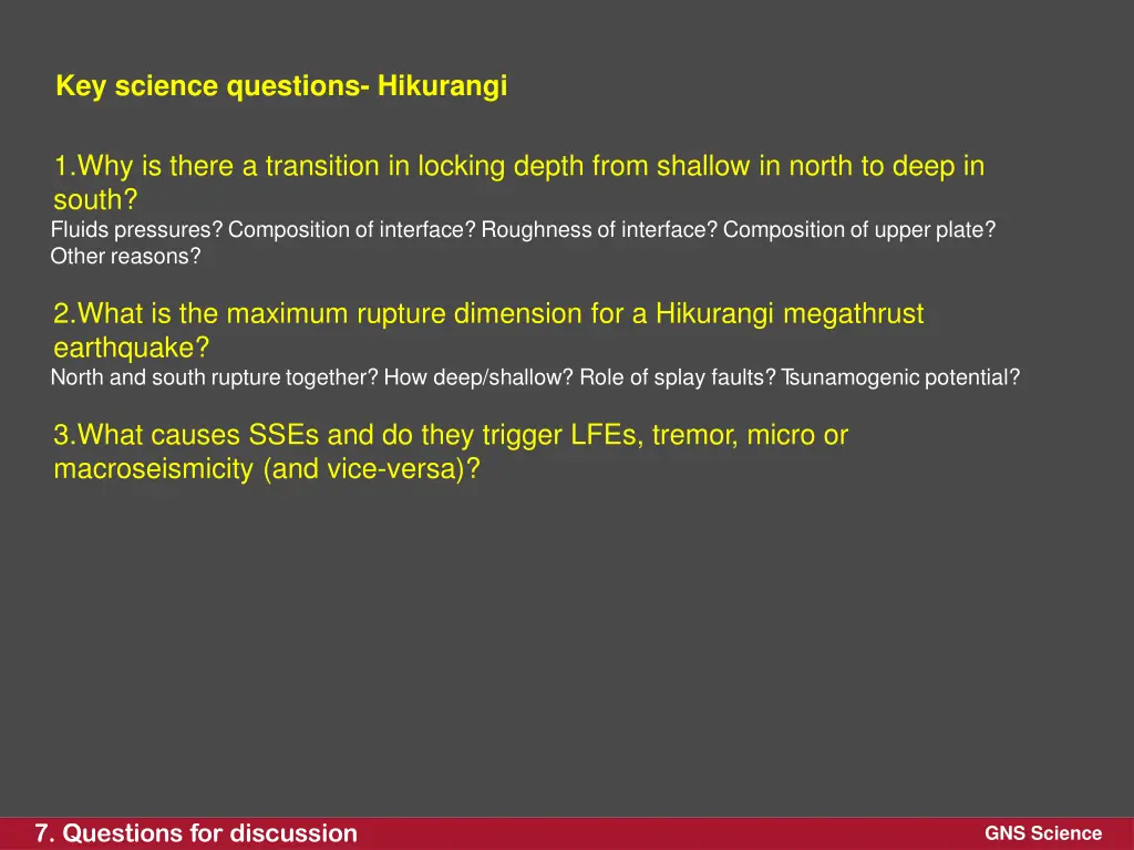 key science questions hikurangi