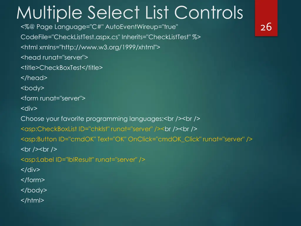 multiple select list controls @ page language