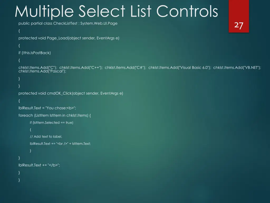 multiple select list controls public partial