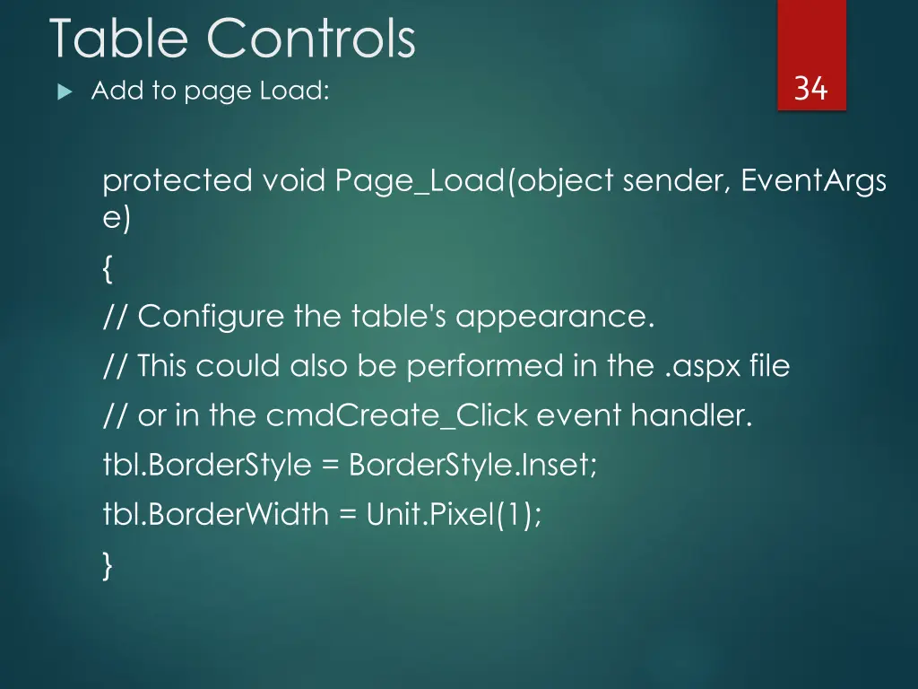 table controls add to page load