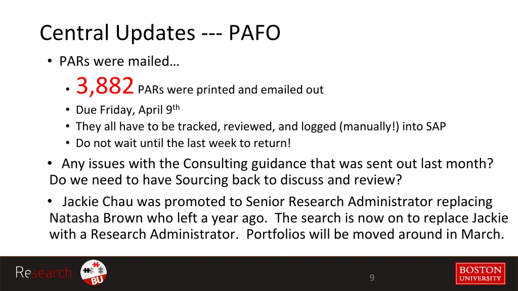 central updates pafo pars were mailed 3 882 pars