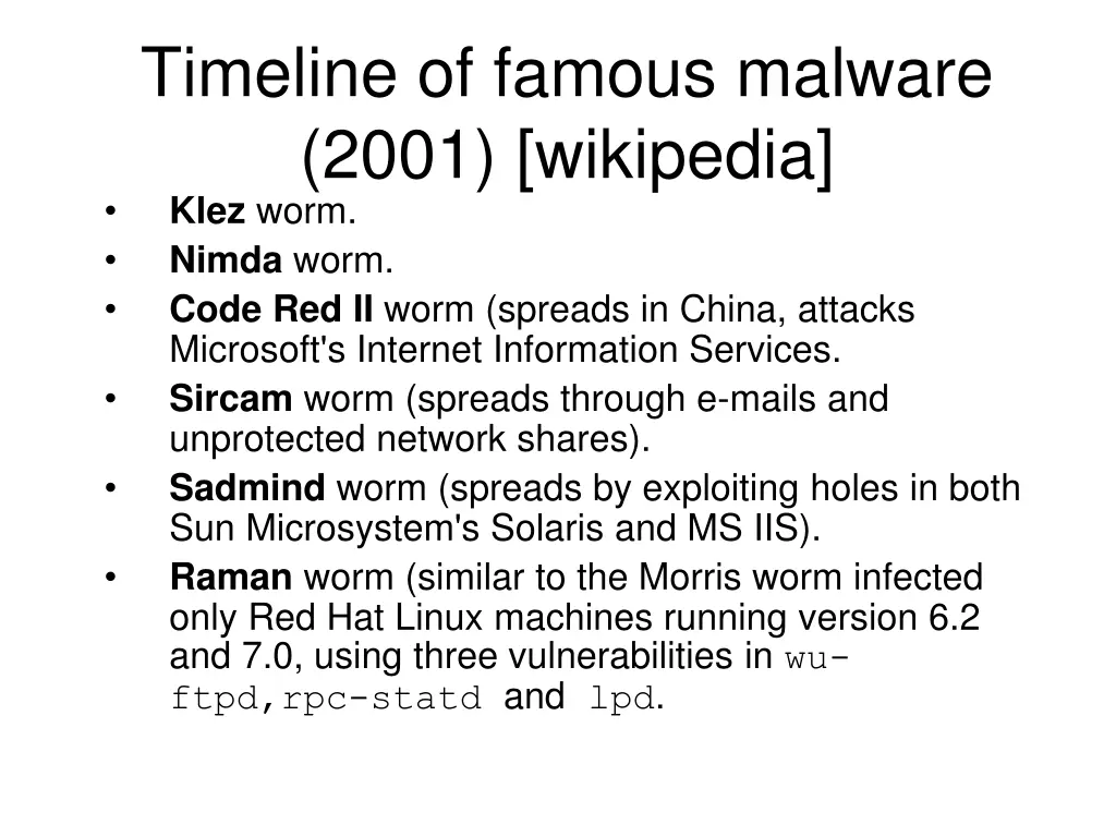 timeline of famous malware 2001 wikipedia klez