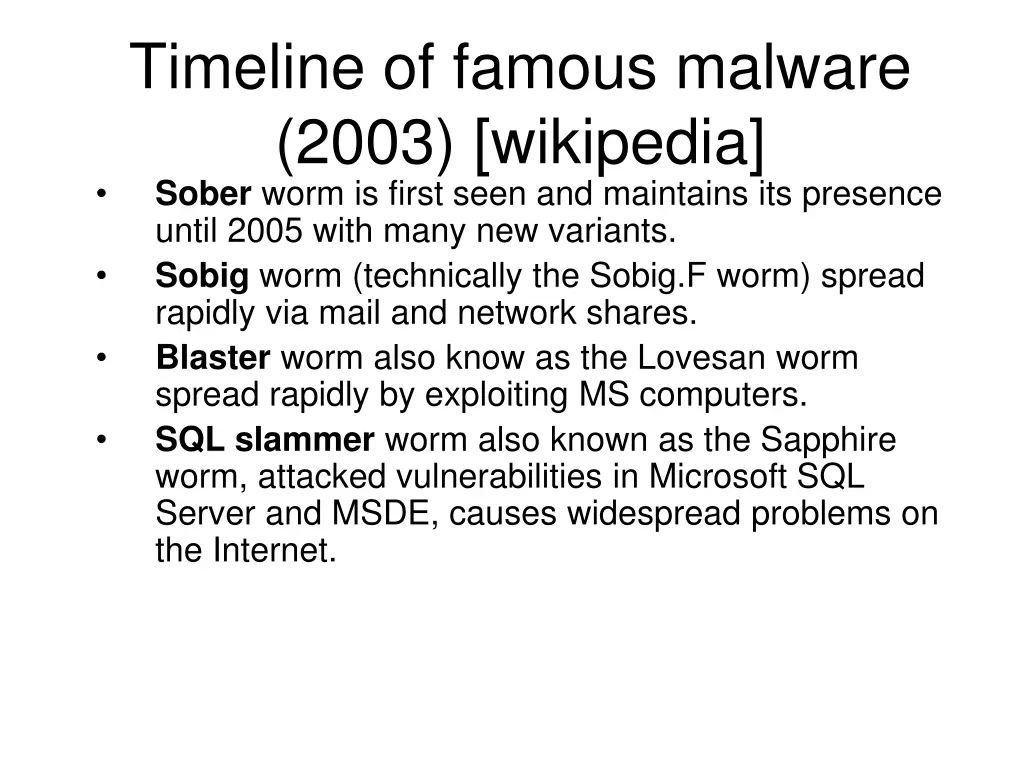 timeline of famous malware 2003 wikipedia sober