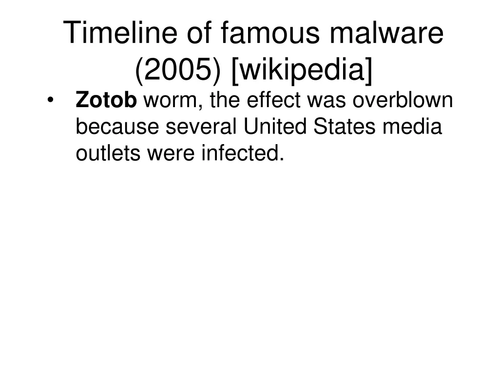 timeline of famous malware 2005 wikipedia zotob