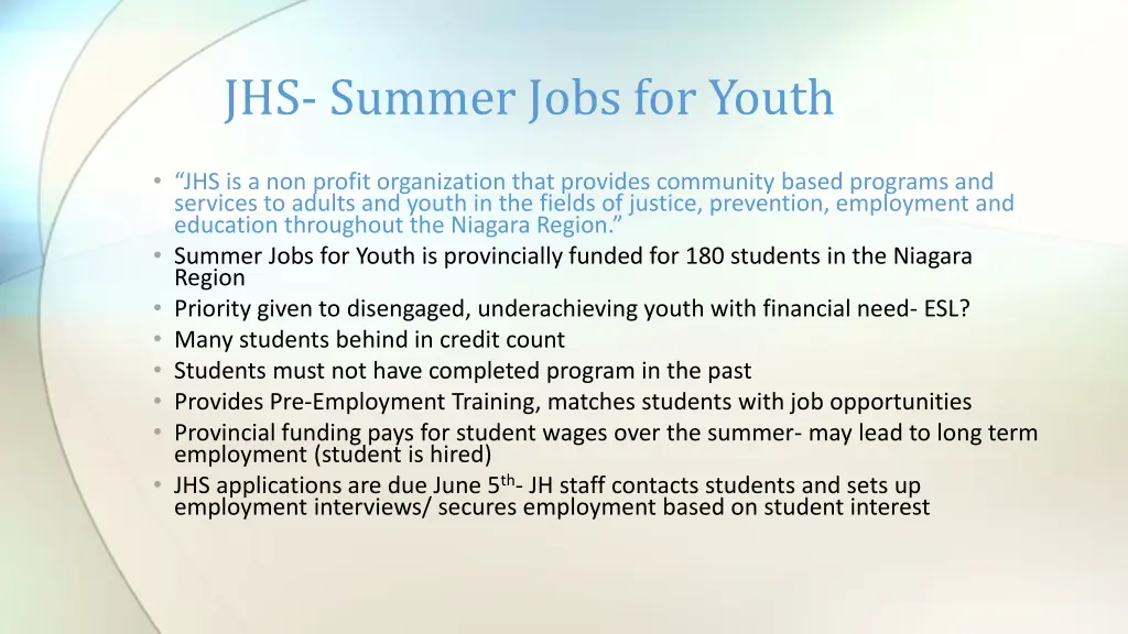 jhs summer jobs for youth