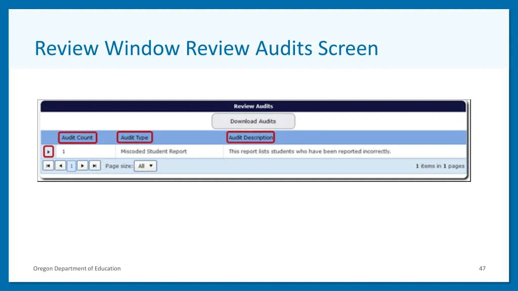 review window review audits screen