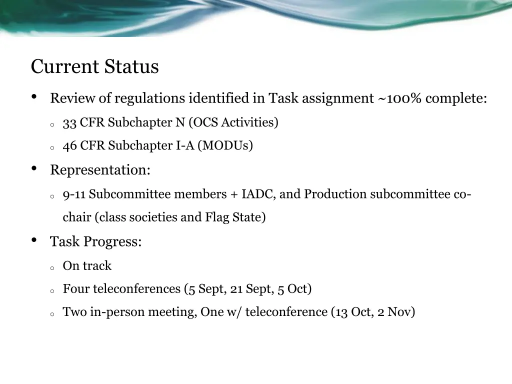 current status review of regulations identified