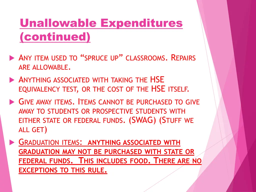 unallowable expenditures continued