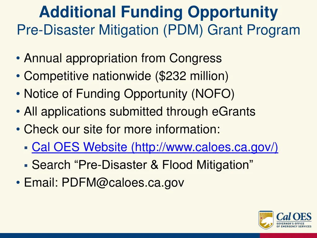 additional funding opportunity pre disaster