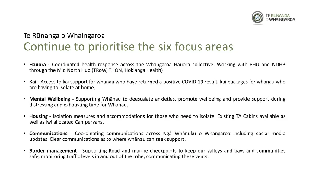 te r nanga o whaingaroa continue to prioritise