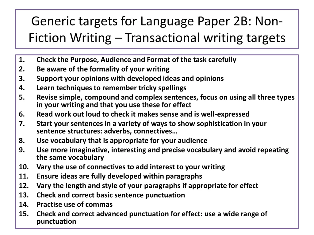 generic targets for language paper 2b non fiction