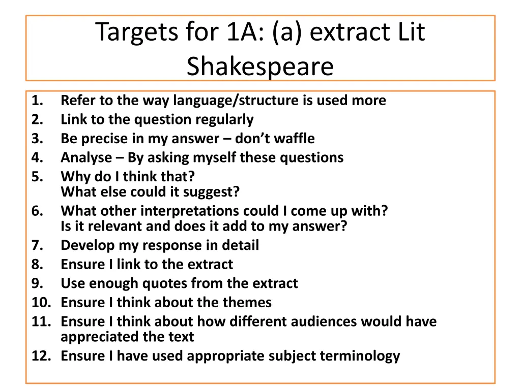 targets for 1a a extract lit shakespeare